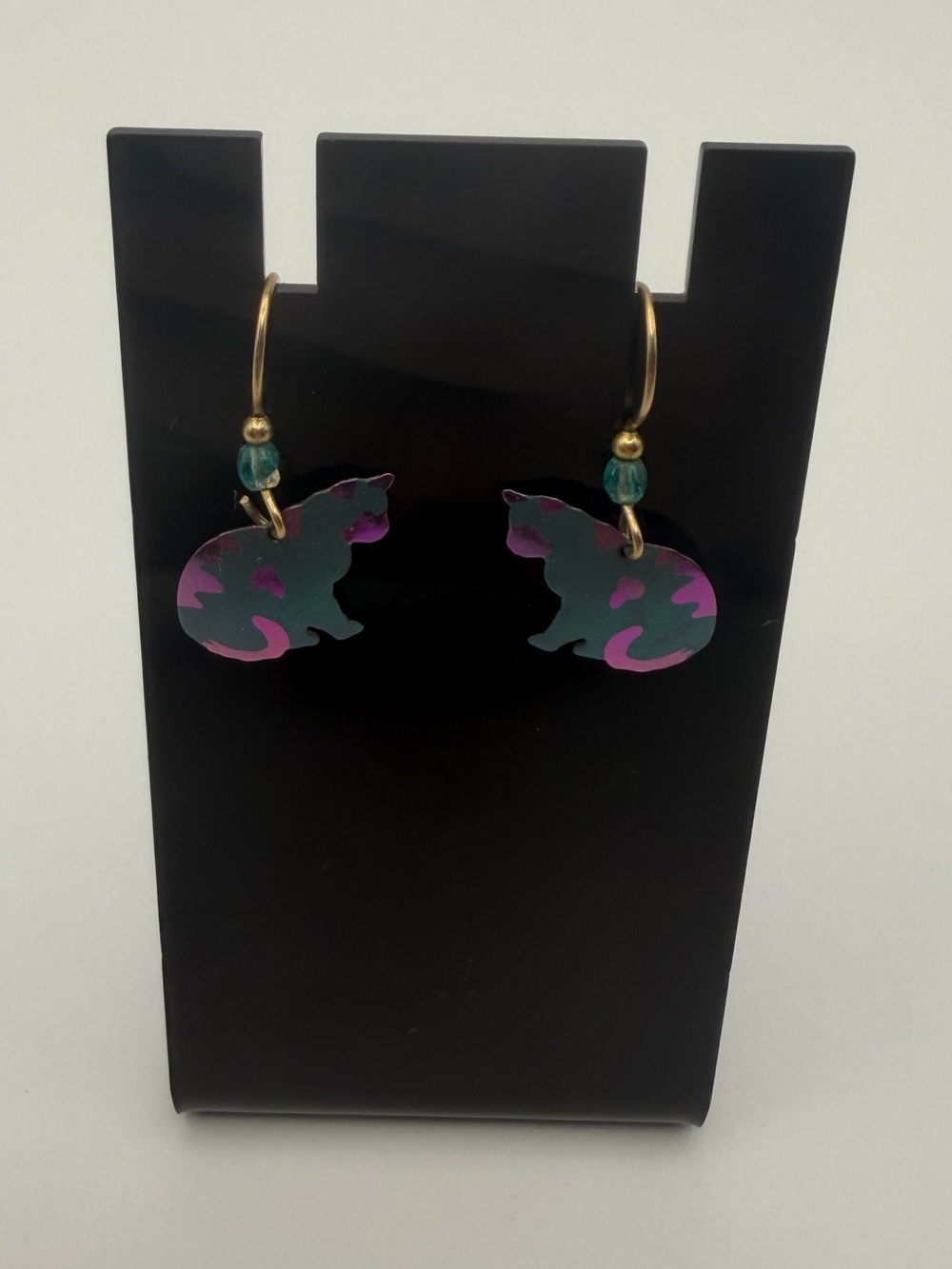 Holly Yashi Gold-Tone Drop Earrings with Purple & Teal Cat Charms